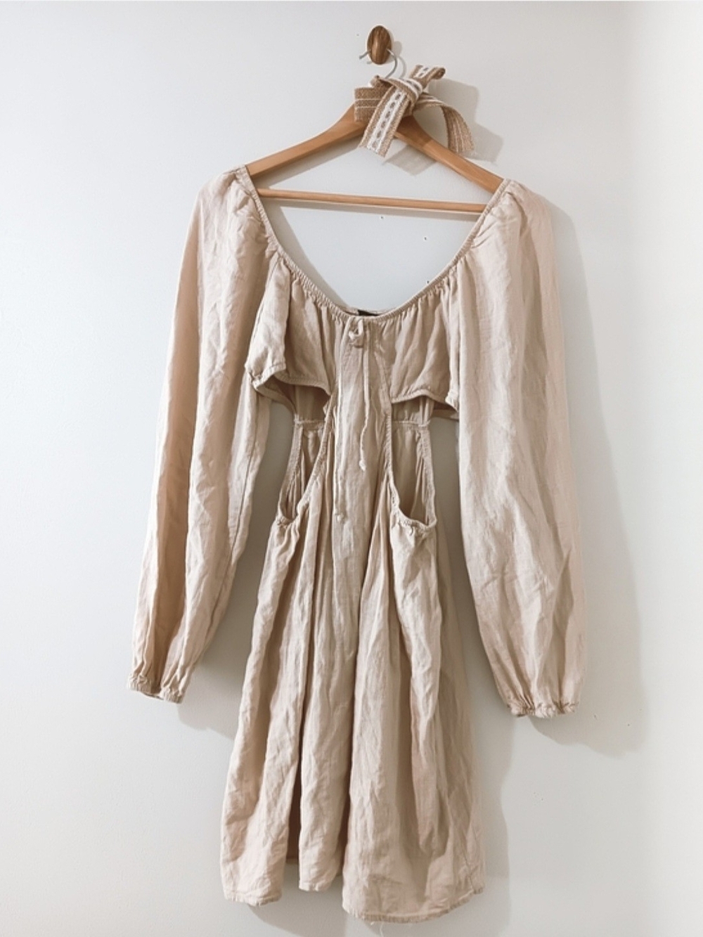 Wild Fable Cream Sand Cutout Linen Blend Balloon Sleeve Boho Peasant Mini Dress
